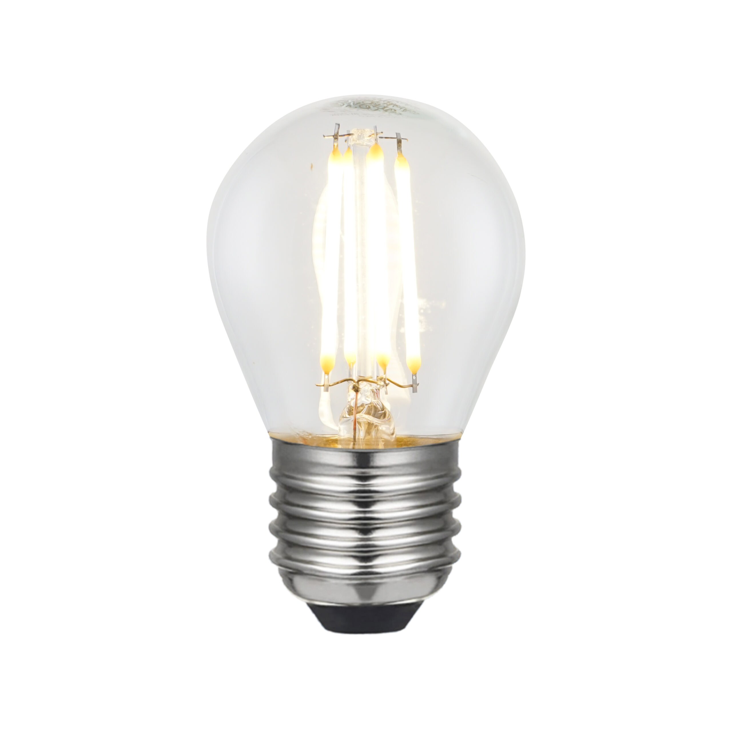 Compact LED filament bulb with clear glass and warm yellow light, featuring a silver screw base, perfect for accent lighting