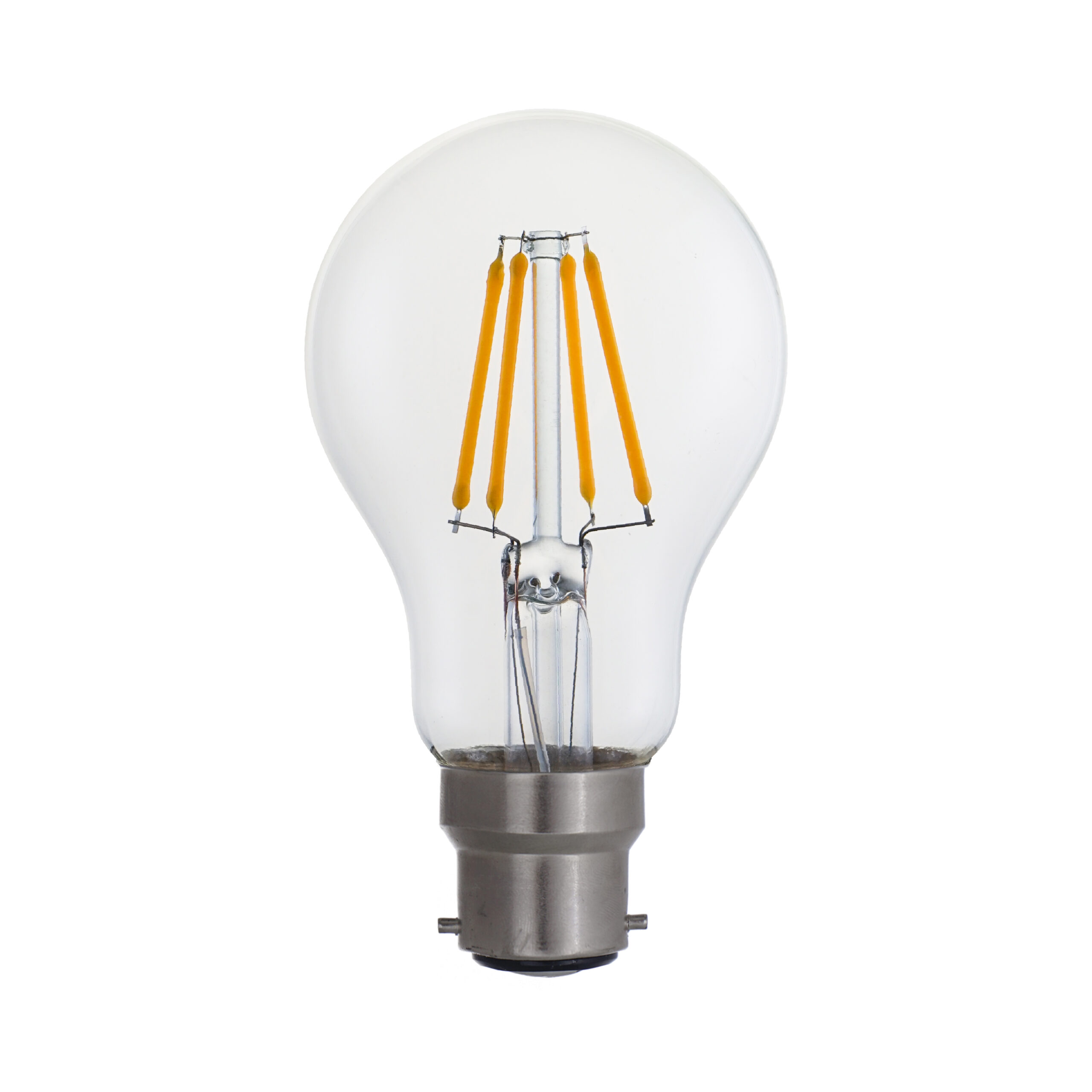 Clear glass LED filament bulb with warm yellow filaments and a silver screw base, ideal for decorative lighting