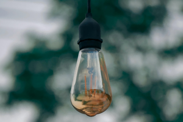 Outdoor LED filament bulb with blurred green foliage in the background, minimalistic design.