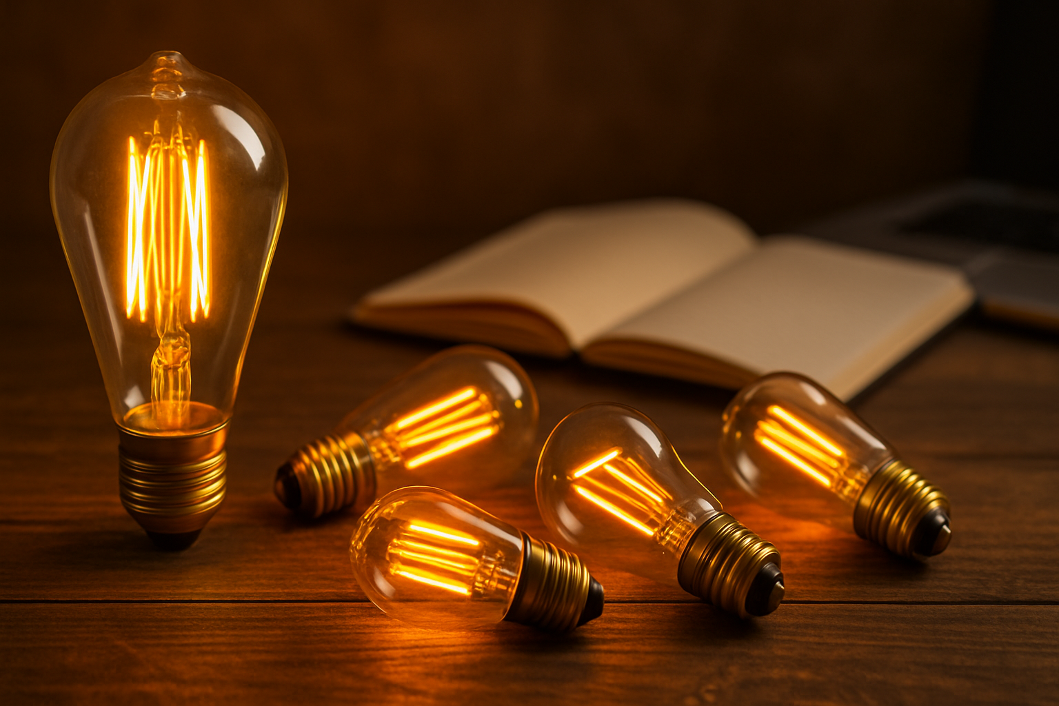 Glowing LED filament bulbs on desk