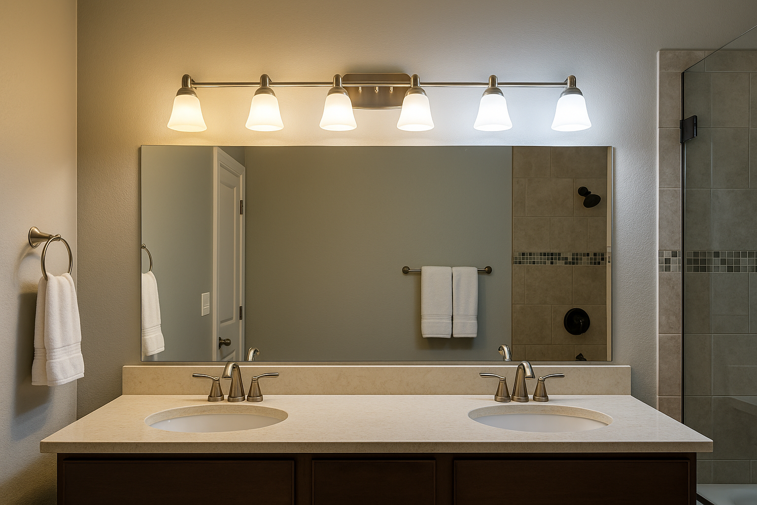 Bathroom vanity with four lights showing different color temperatures