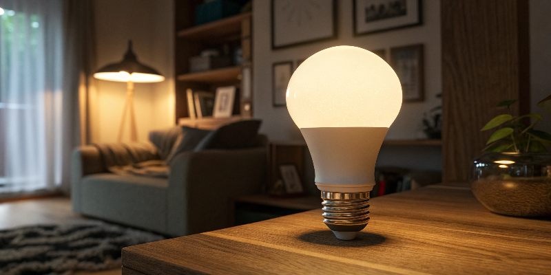 LED bulb glowing on wooden table