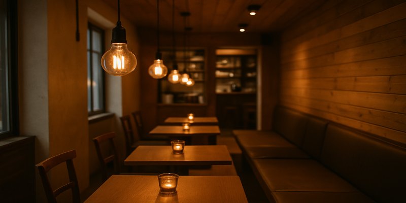 Warm café with filament bulbs