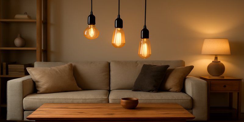 Exposed filament LED bulbs in a cozy home