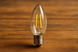 Vintage-style C9 LED filament bulb on wooden table