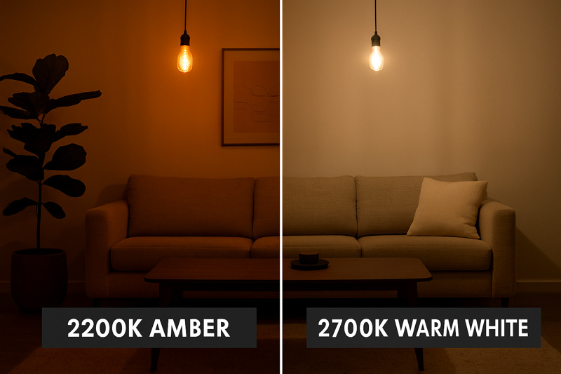Side-by-side comparison of a room lit with 2200K amber light and 2700K warm white light.