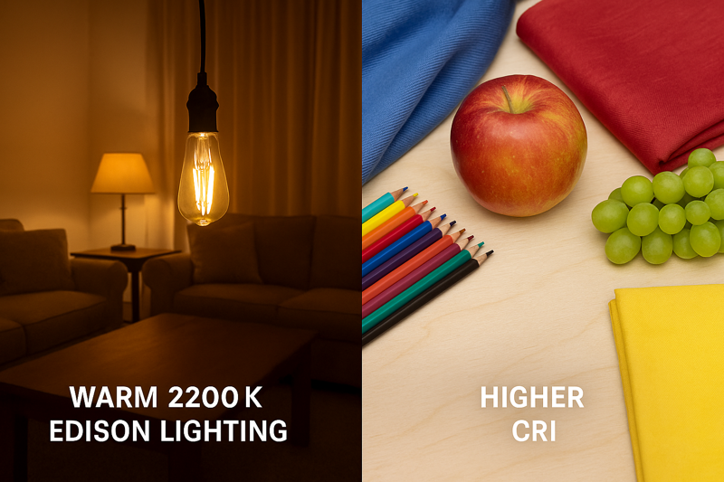 A split image: one side shows a room with warm 2200K Edison lighting, the other side shows a display of colorful objects under a higher CRI light.