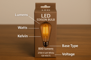 An image of a generic LED Edison bulb box with callouts pointing to key specifications like Lumens, Watts, Kelvin, Base Type, and Voltage