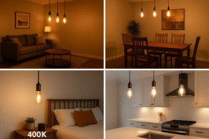 A collage of rooms with different LED Edison bulb color temperatures, showcasing various ambiances.