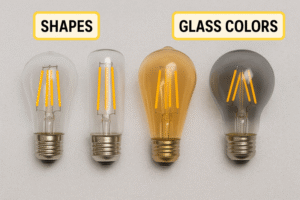 An array of LED Edison bulbs showcasing different shapes, glass colors, and filament styles