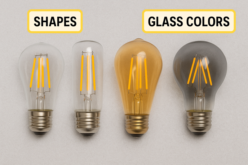 An array of LED Edison bulbs showcasing different shapes, glass colors, and filament styles