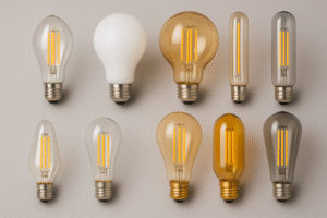 An image showcasing various LED Edison bulbs with different shapes, sizes, color temperatures, and glass colors