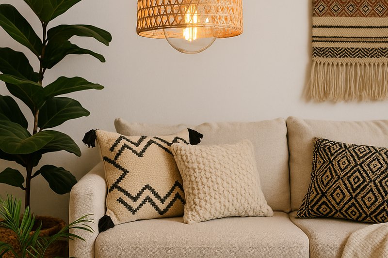 A living room corner blending Nordic and Bohemian elements, where a rattan pendant light reveals a large clear globe LED Edison bulb. Green plants and ethnic textiles adorn the space.