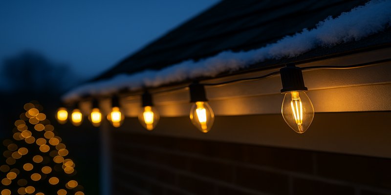 Warm white C9 LED bulbs strung along a rooftop during Christmas
