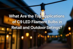 Retail area lit with C9 LED filament bulbs at dusk