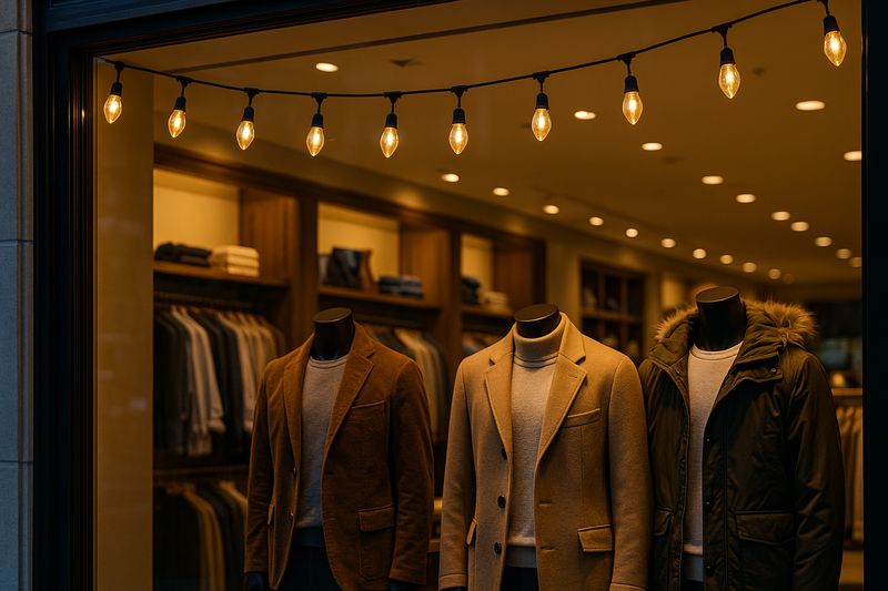 Clothing store window illuminated with C9 LED filament bulbs