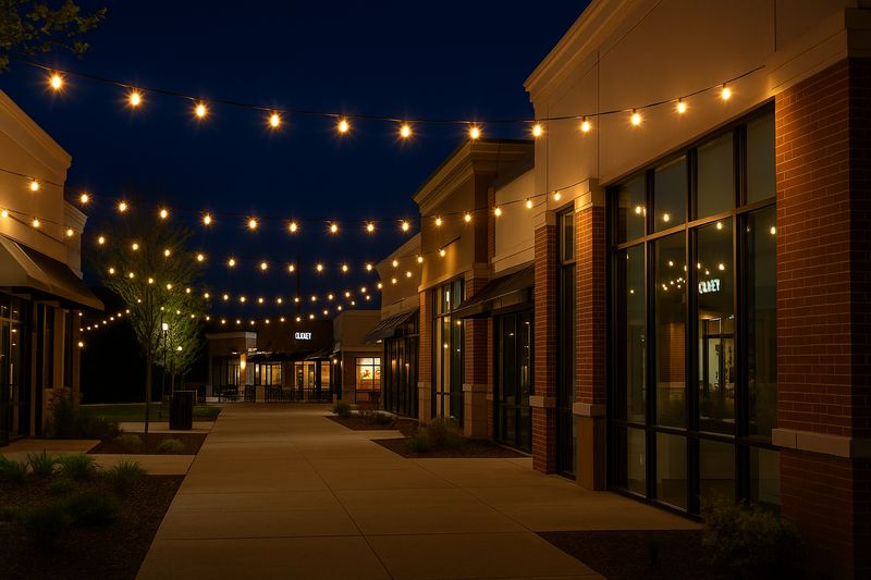 Outdoor retail strip mall lit with C9 LEDs at night