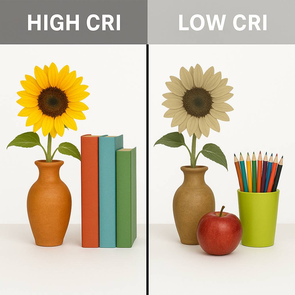 A comparison of object colors under high CRI and low CRI lighting