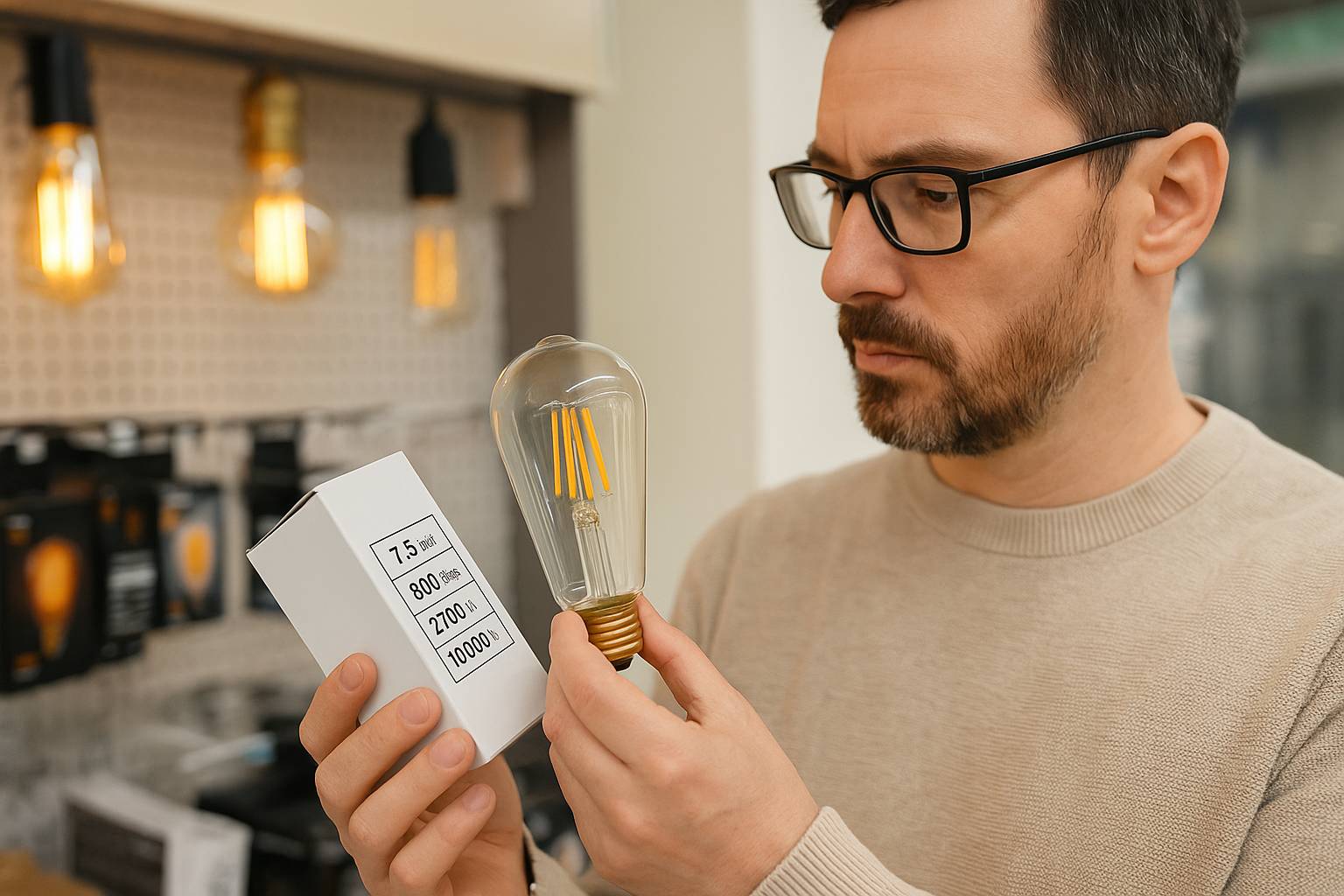 A customer carefully examining the parameter label of an LED Edison bulb in a store