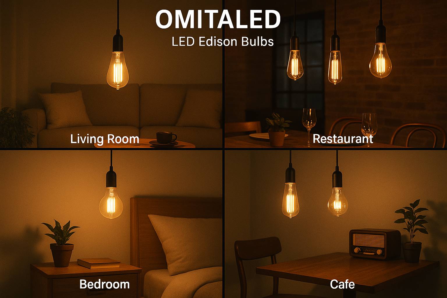 Omitaled LED Edison bulbs showcased in various atmospheric application settings