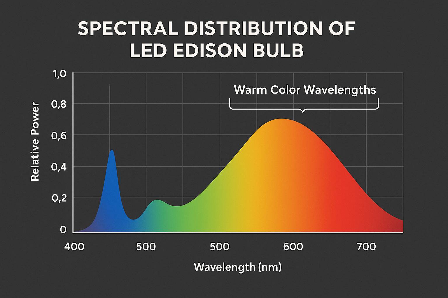 A graph showing the spectral distribution of an LED Edison bulb, emphasizing warm color wavelengths