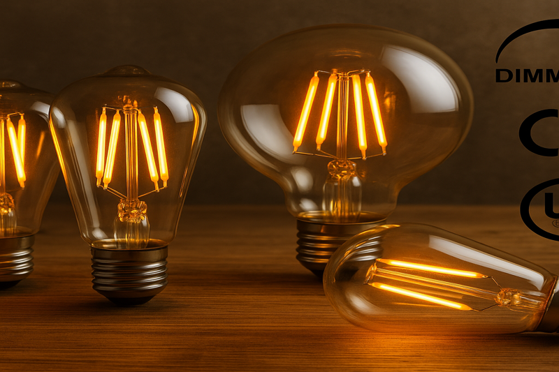 Collection of dimmable vintage LED filament bulbs with safety certification logos nearby