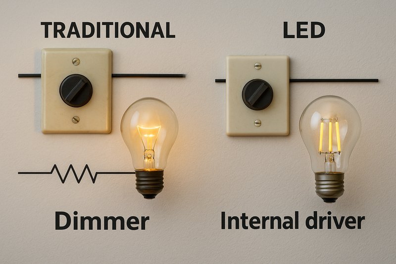 A diagram showing a traditional incandescent dimmer with a simple circuit vs. an LED bulb with its complex internal driver.