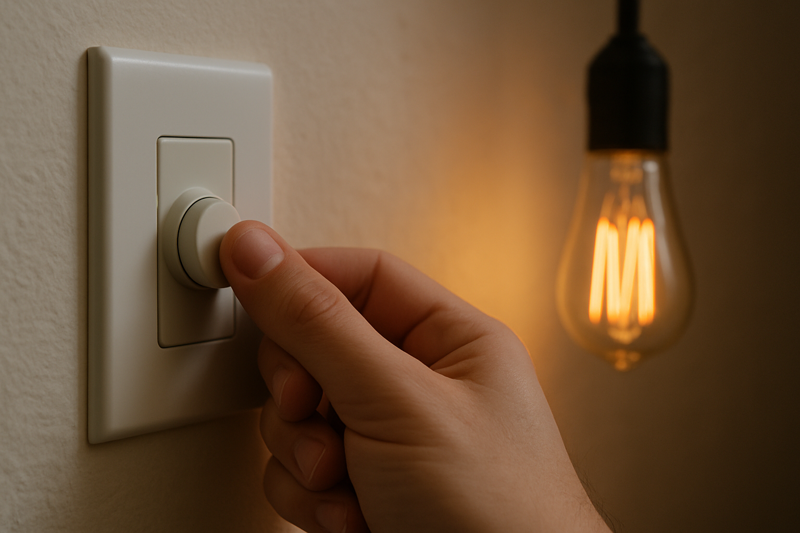 Hand adjusting a dimmer switch with a slightly flickering vintage bulb in background
