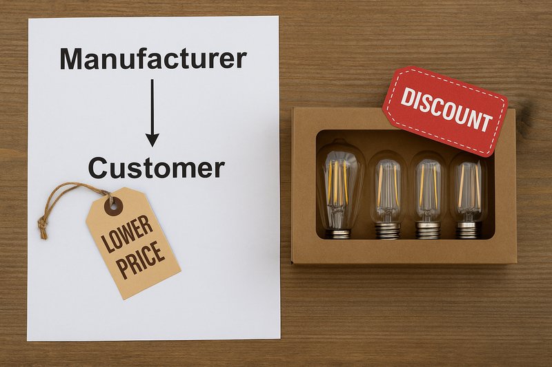 A graphic showing a direct line from 'Manufacturer' to 'Customer' with a lower price, and another icon showing a multi-pack of bulbs with a discount.