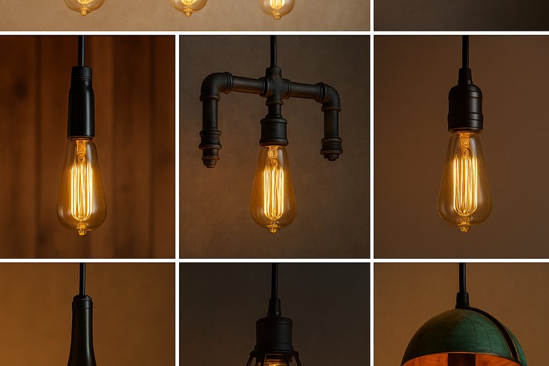 A vibrant collage showcasing 7 different creative DIY Edison bulb pendant lights, featuring materials like wood, pipes, mason jars, wine bottles, wire cages, concrete, and an upcycled globe.