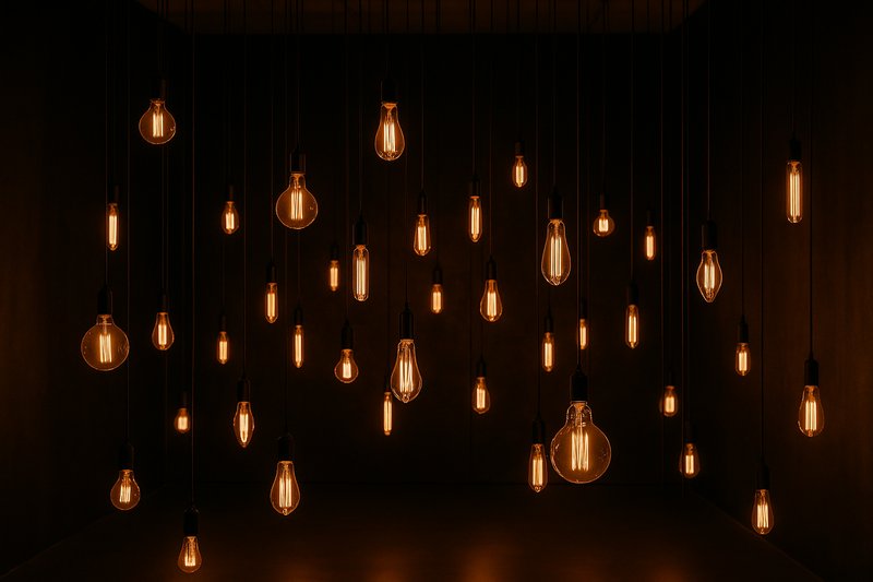 Image of a gallery space where a captivating art installation made from various LED Edison bulbs hangs at different heights, creating a warm, immersive glow against a dark background.
