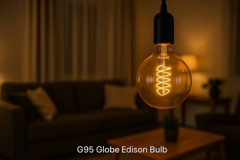Large G95 Globe Edison bulb illuminating a living room
