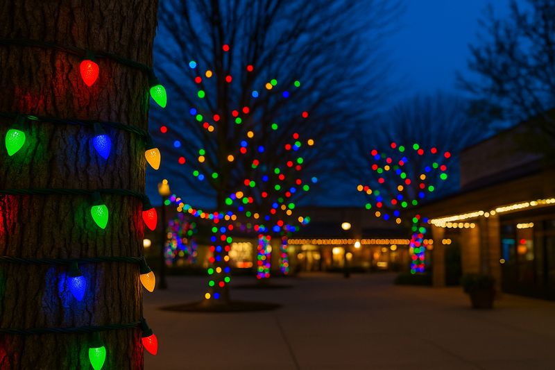 Tree-lined plaza decorated with colorful C9 LEDs