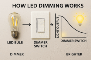 Diagram showing LED bulb, dimmer switch, and light output variation