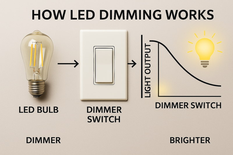 Diagram showing LED bulb, dimmer switch, and light output variation