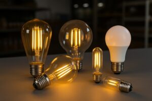 Assorted LED filament bulbs displayed in factory showroom
