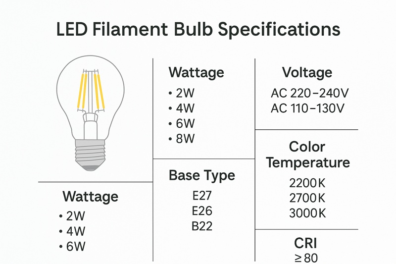 LED filament bulb specification chart with base types and color temperatures
