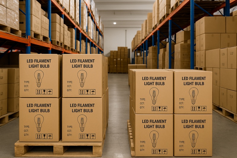 LED bulb warehouse with export cartons stacked