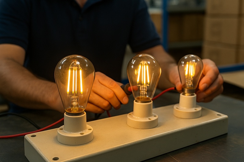 Technician testing filament bulbs before packaging