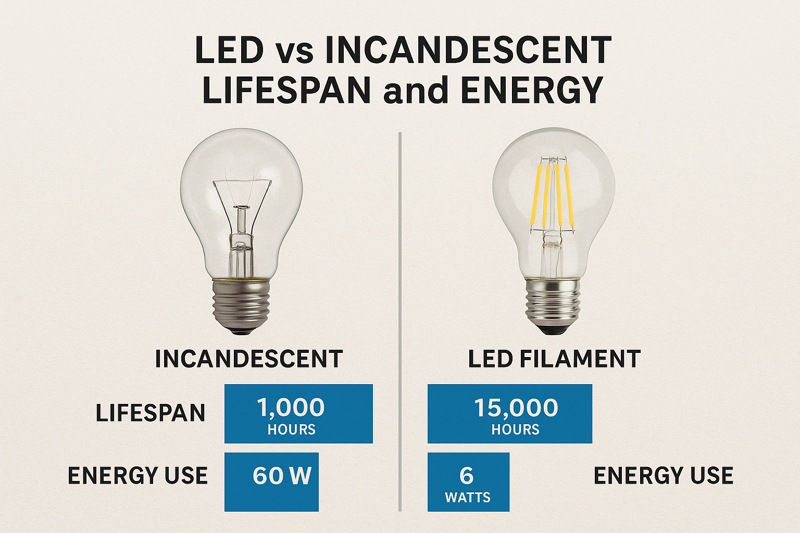 Infographic comparing lifespan and energy use of incandescent vs LED filament bulb