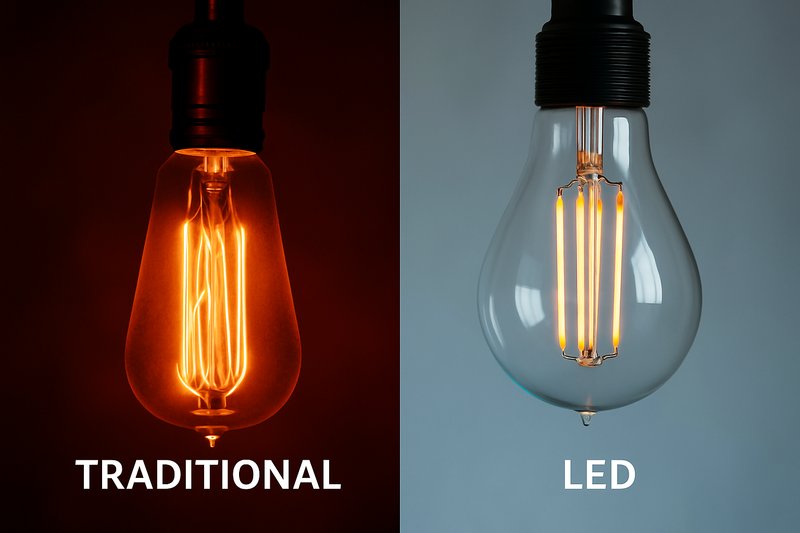 A comparison image: on the left, a traditional tungsten Edison bulb emitting significant heat; on the right, the cool, efficient filament of an LED Edison bulb glowing.