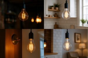 Moodboard comparing amber and clear LED filament bulbs in various interior settings