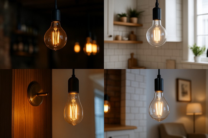 Moodboard comparing amber and clear LED filament bulbs in various interior settings