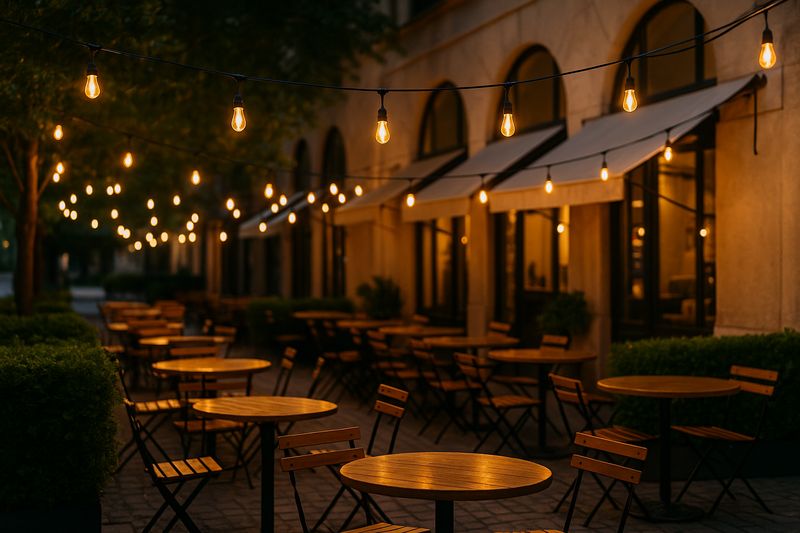 Outdoor café strung with warm C9 LED filament lights
