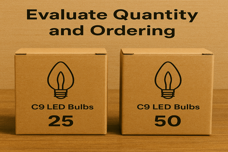 Bulk packaged C9 LED bulbs inside branded recyclable boxes