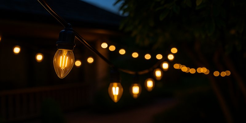 Close-up of warm white C9 bulbs lit in a nighttime patio setting