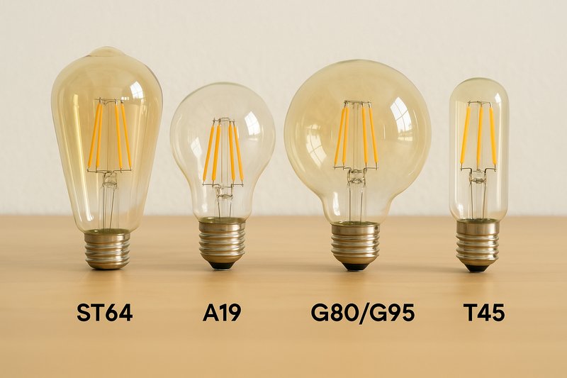 An image array showing ST64, A19 (filament style), G80/G95, and T45 LED Edison bulbs.