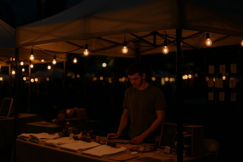Pop-up booth lit with warm filament bulbs