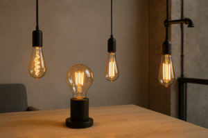 Exposed LED Edison bulbs integrated into modern minimalist and industrial-style interiors