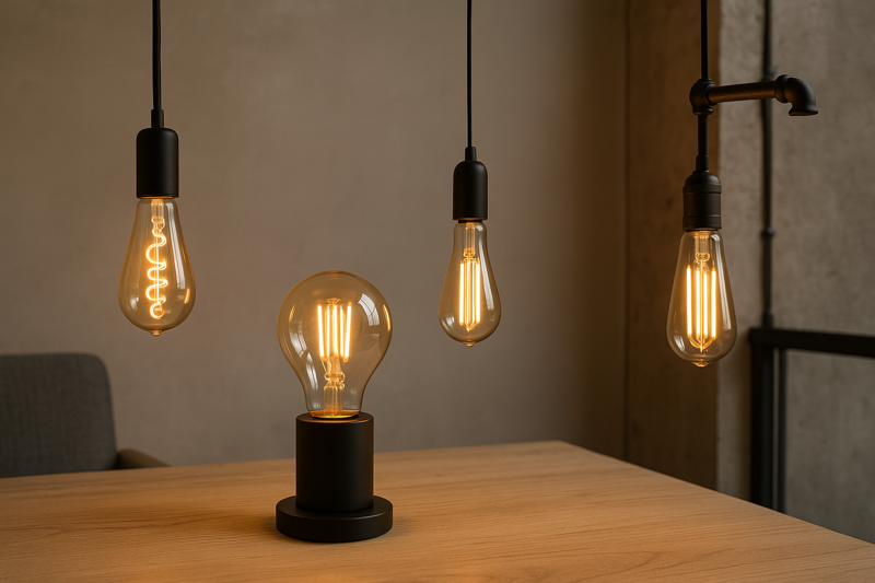 Exposed LED Edison bulbs integrated into modern minimalist and industrial-style interiors